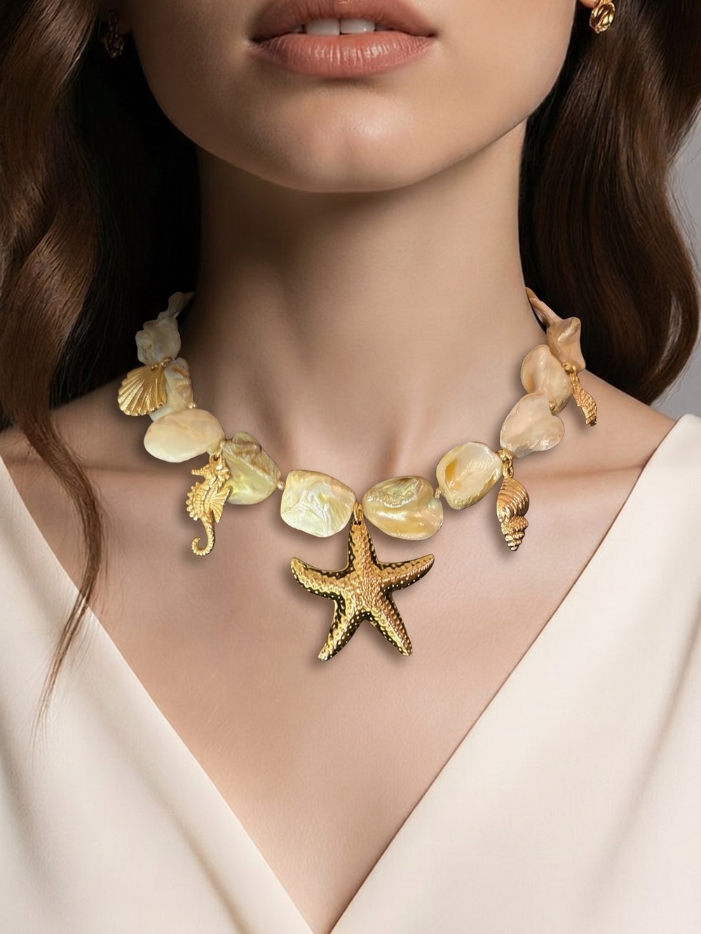 Gold and Pearl Shell Starfish Statement Necklace - Women Jewelry